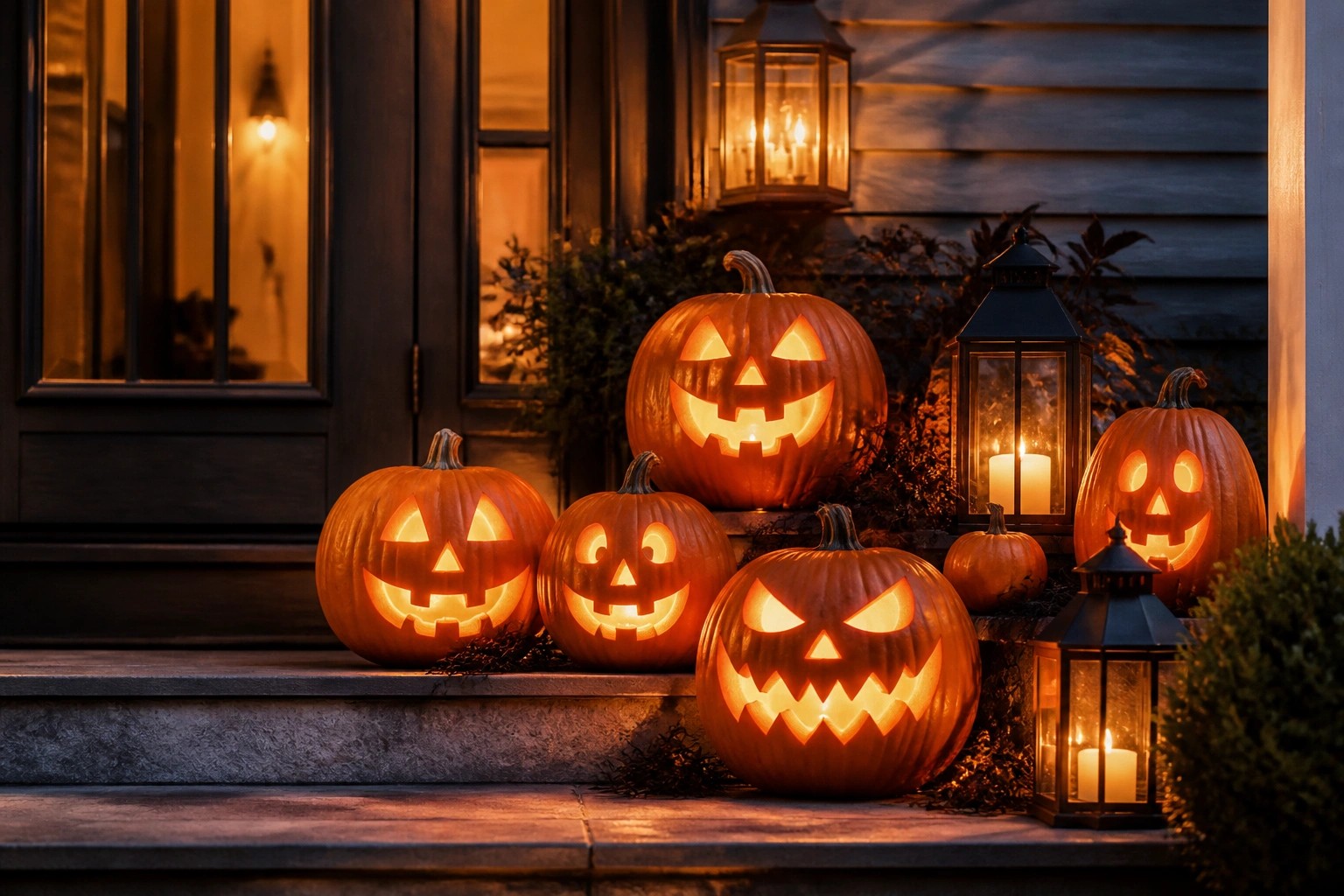 Front porch steps lined with multiple lit jack o' lanterns of varying sizes and carved expressions, placed near hay bales and lanterns.