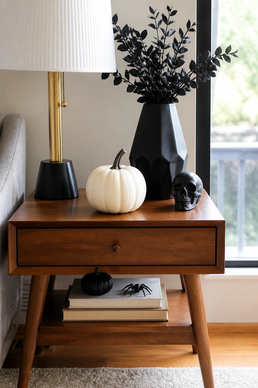 Wooden side table holding a white pumpkin, black skull, black vase with dark branches, and books topped with a small black pumpkin and spider.