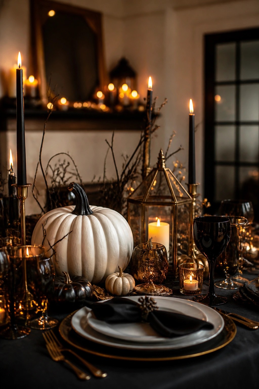 Dining table with a large white pumpkin centerpiece, black taper candles, dark glassware, and black napkins on stacked white plates.