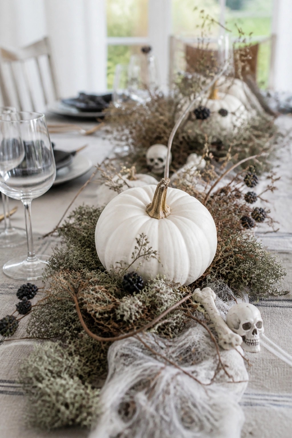 Dining table set with white pumpkins, moss, dried branches, skulls, and bones arranged as a long neutral centerpiece.