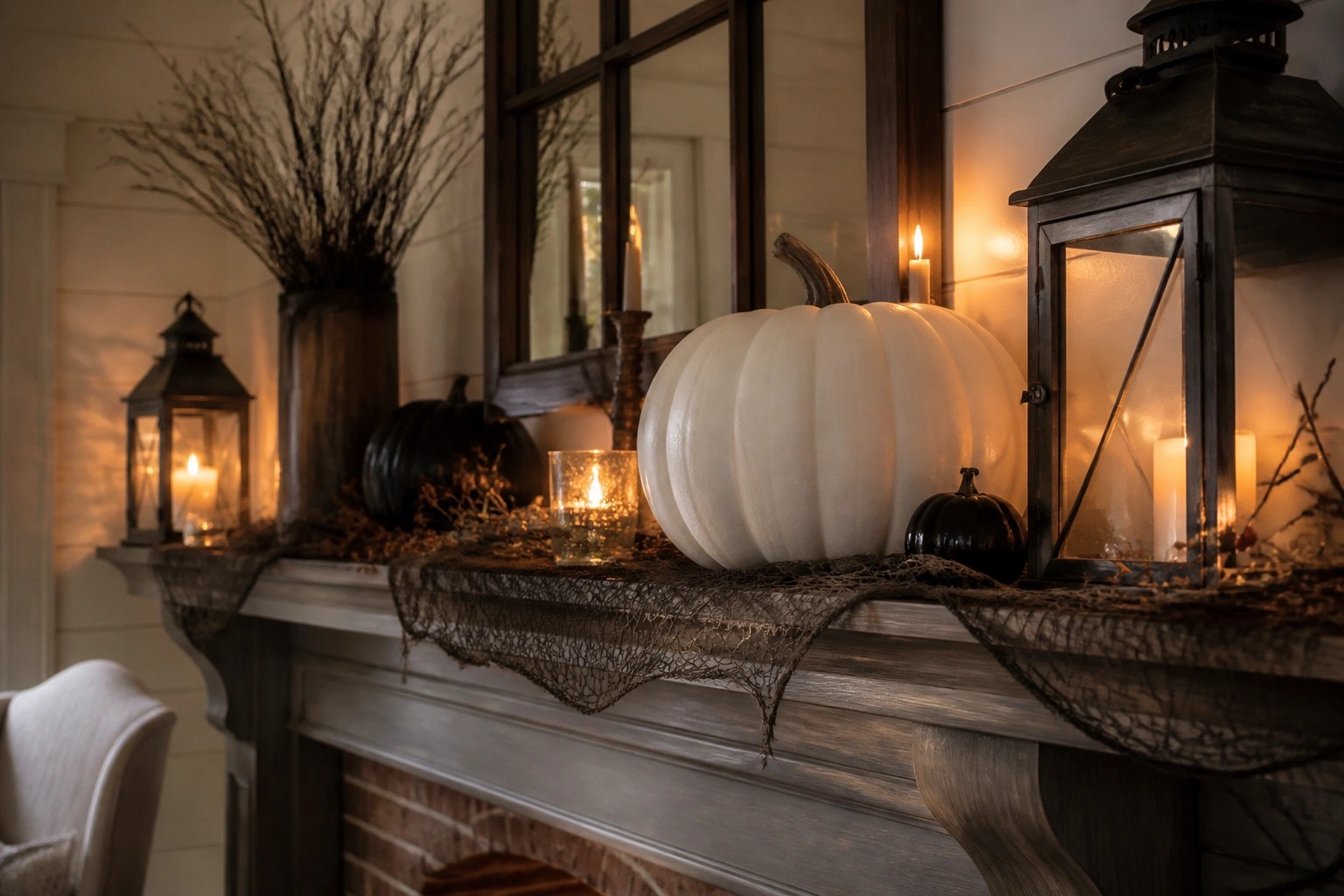 A large white pumpkin rests on a stone fireplace mantel with black lace fabric, a tall black candle, and a small lantern nearby.