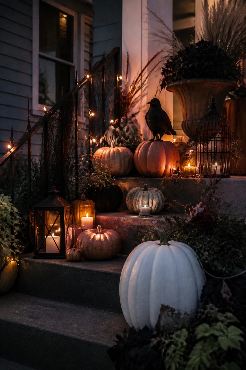 Front porch steps decorated with multiple painted pumpkins including a large white one, black lanterns with lit candles, and a black crow figurine.