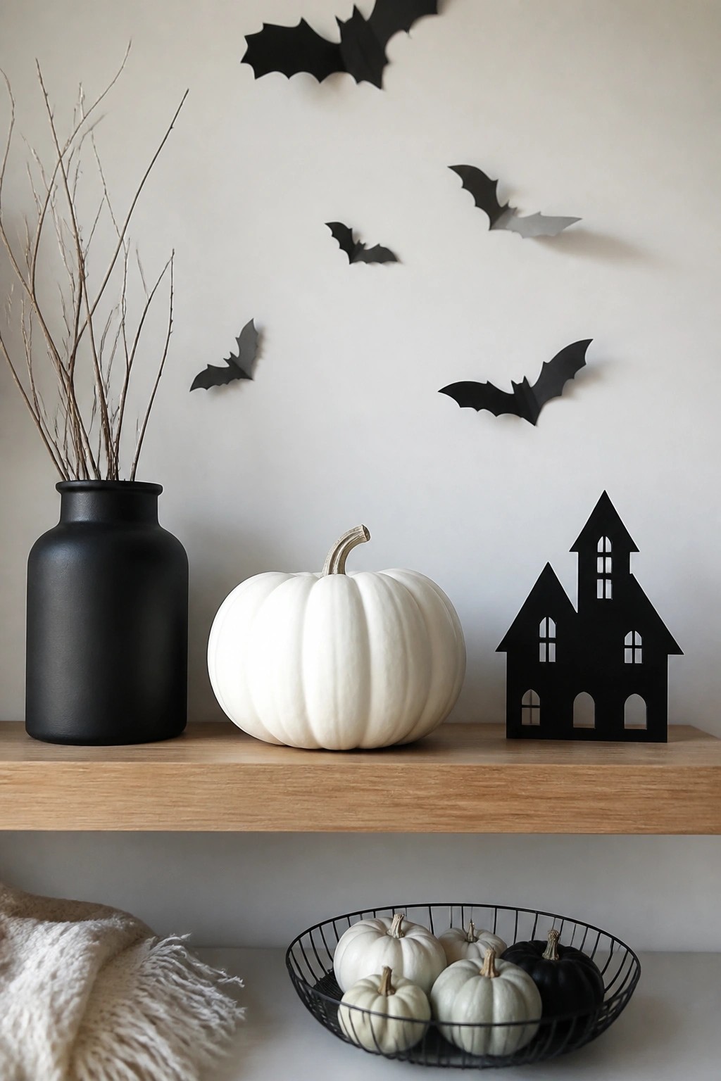 Wooden shelf with black vase, white pumpkin, haunted house cutout, and paper bats on wall