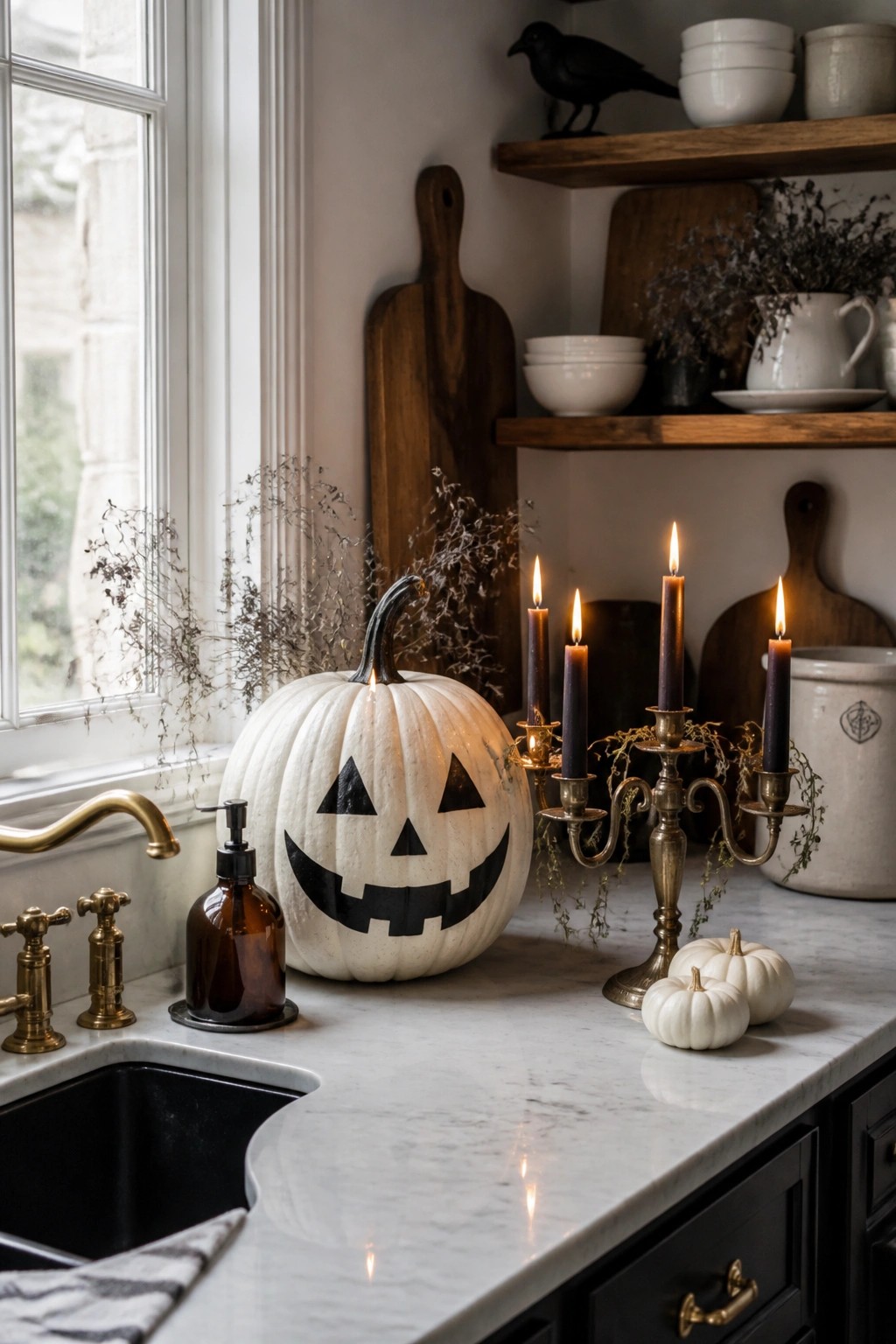 White pumpkin with black painted jack-o'-lantern face on a marble kitchen counter beside lit dark candles.