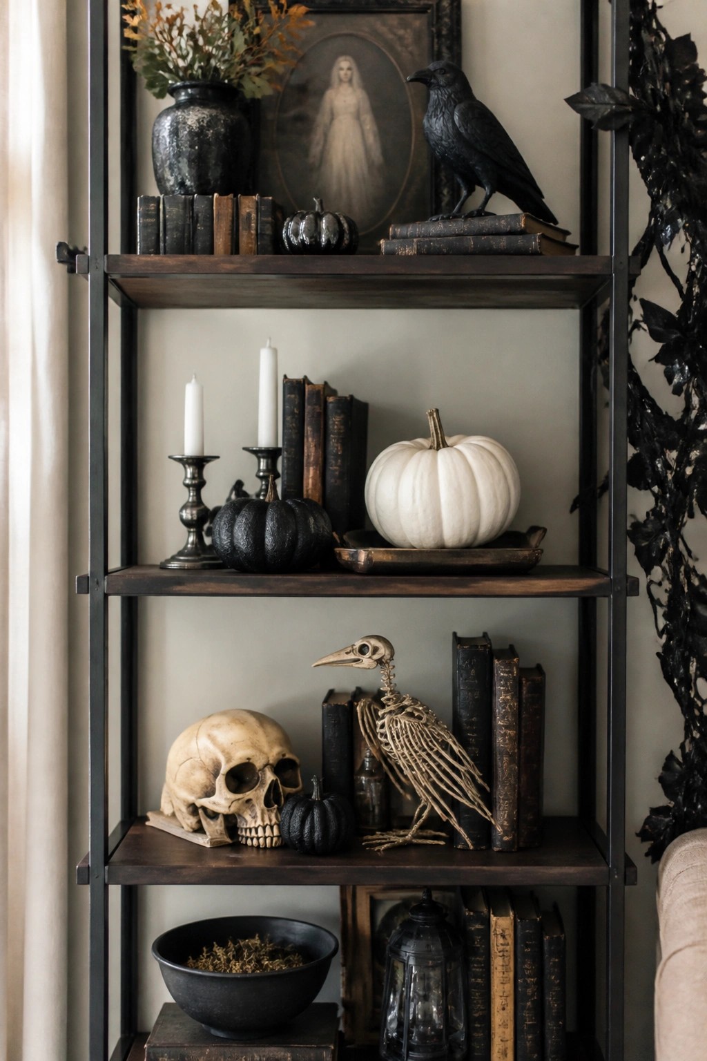 Dark gothic shelves with skull, crow, pumpkins, candles, skeleton bird, and old books.