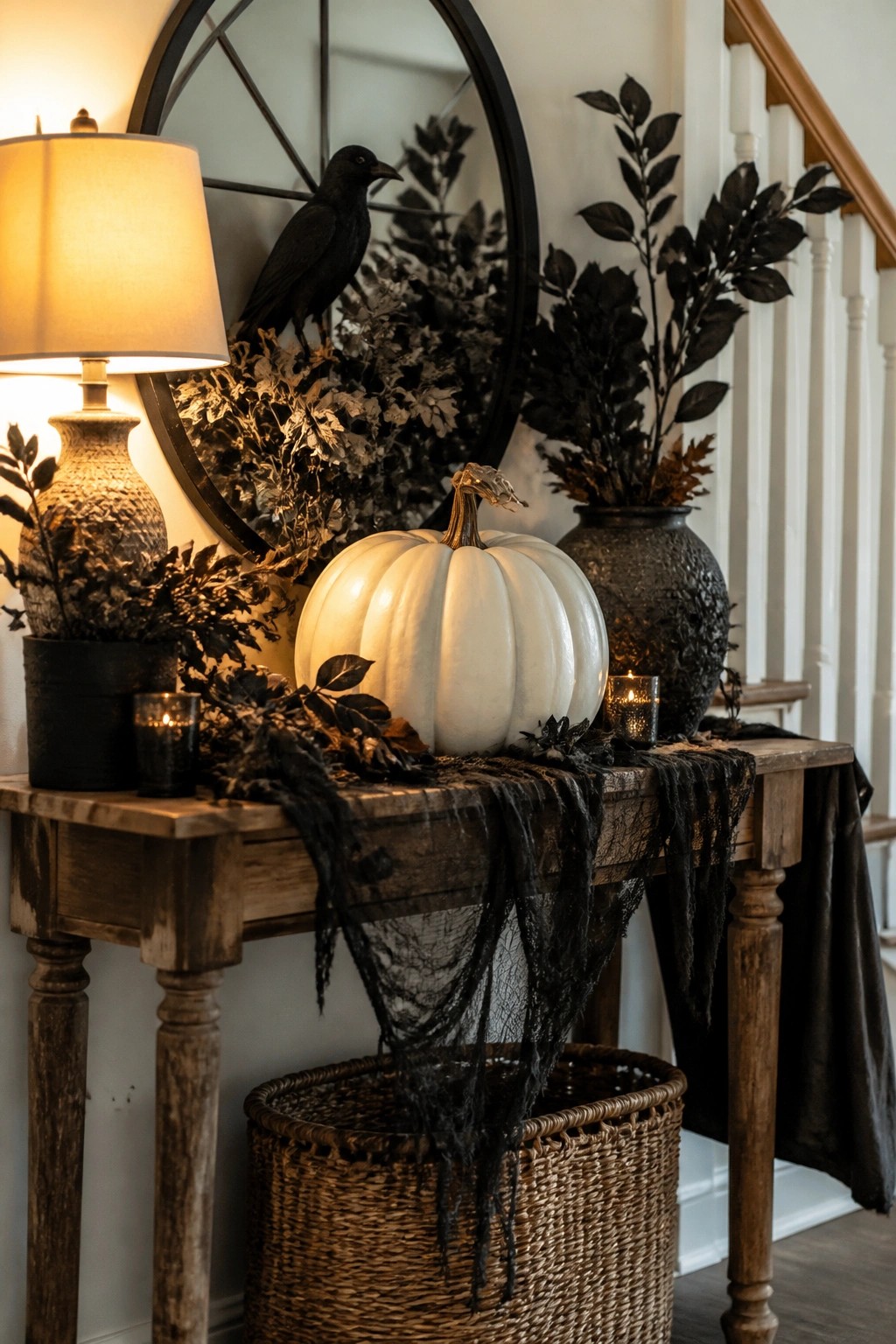 Entryway console table featuring a glowing white pumpkin, black crow perched on a round mirror, dark foliage, and black netting.