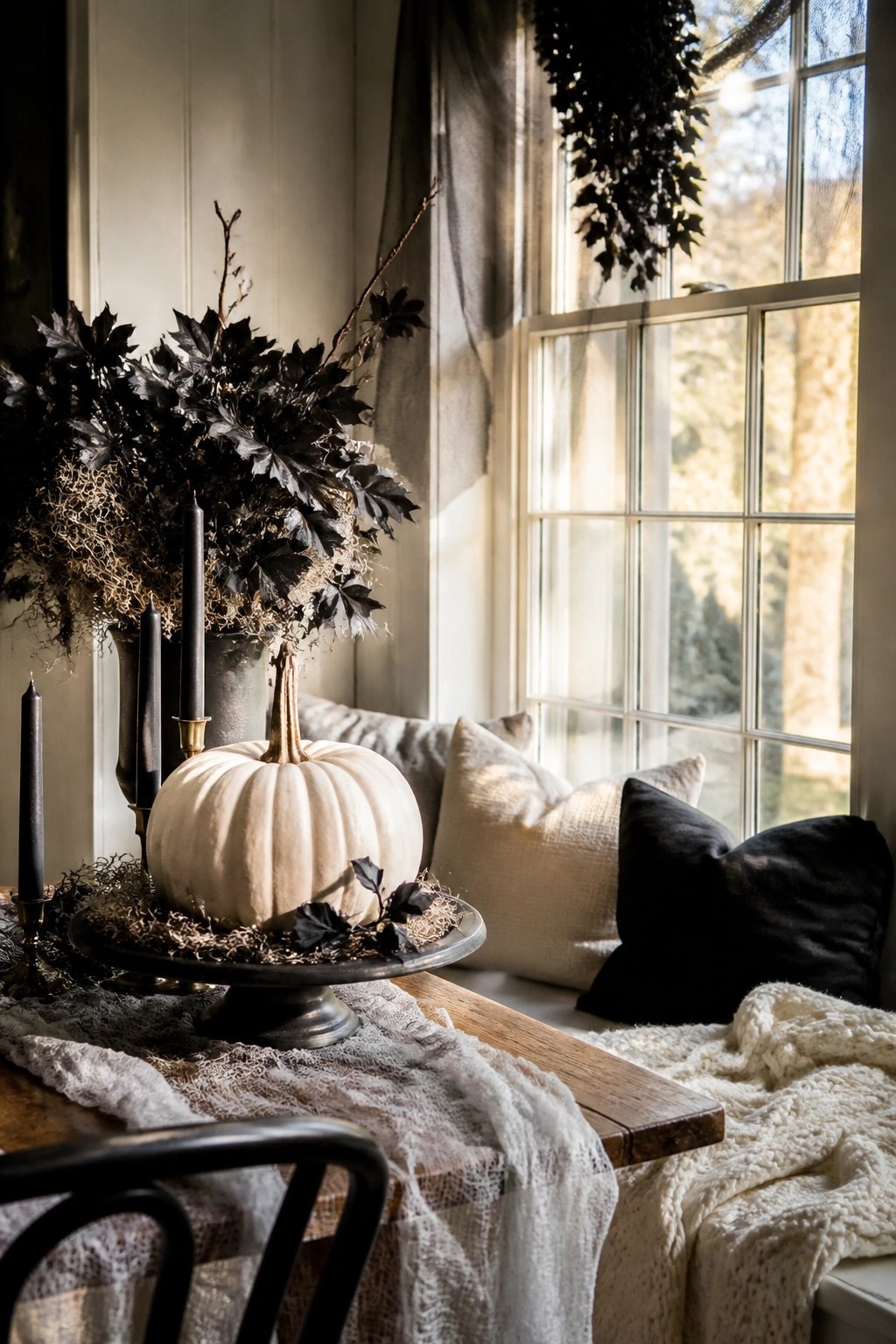 White pumpkin on a dark metal stand surrounded by black foliage and candles on a wooden table beside a window seat.