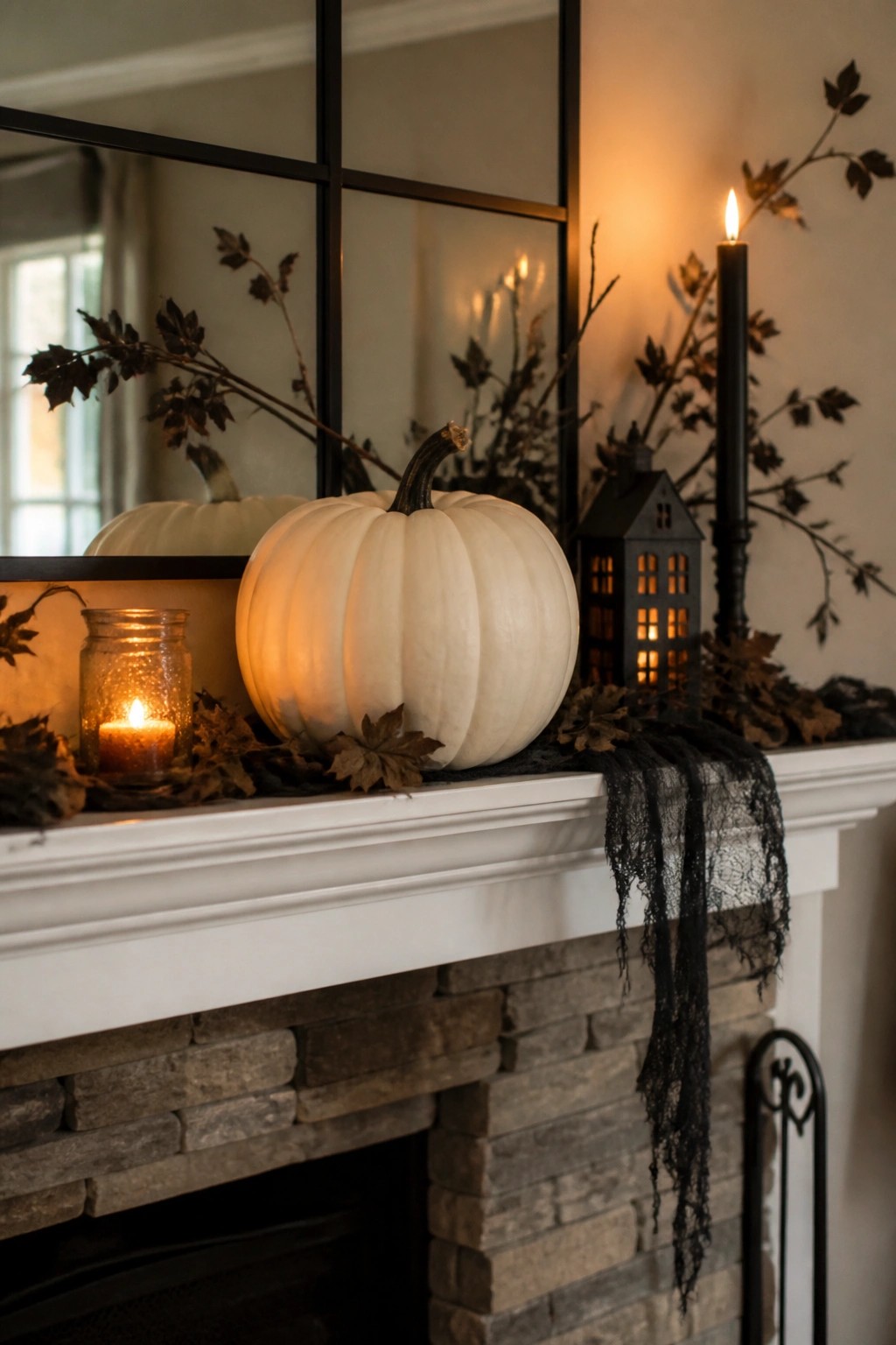 A large white pumpkin rests on a stone fireplace mantel with black lace fabric, a tall black candle, and a small lantern nearby.