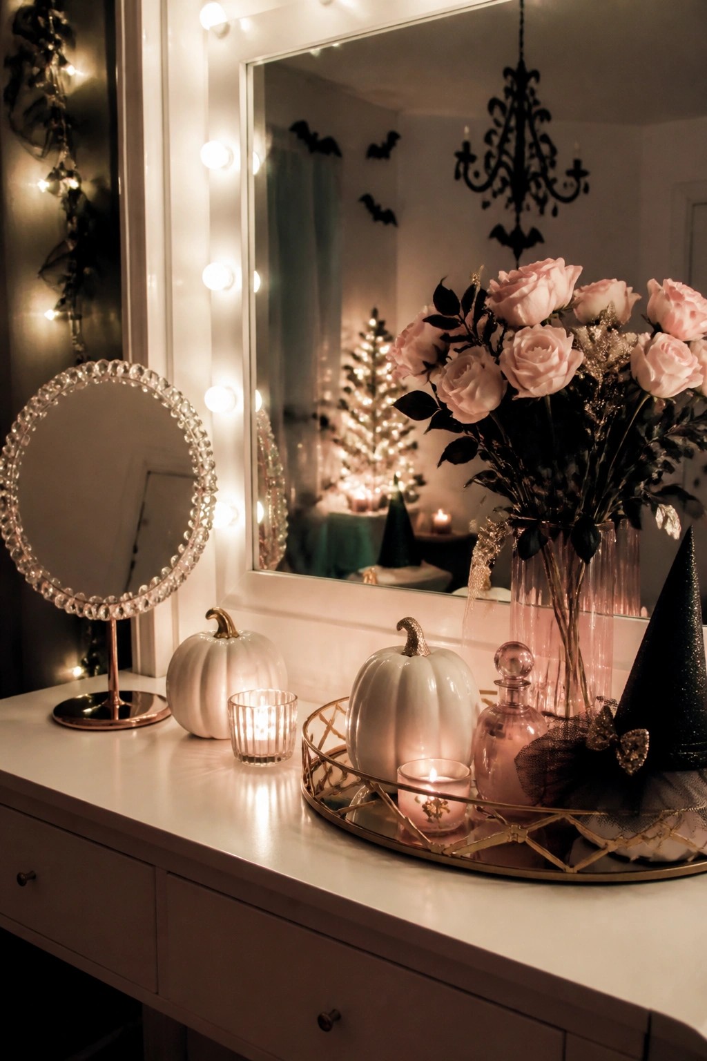 White vanity with lit mirror, white pumpkins arranged on a gold tray alongside a black witch hat, candles, and pink roses in glass vases.
