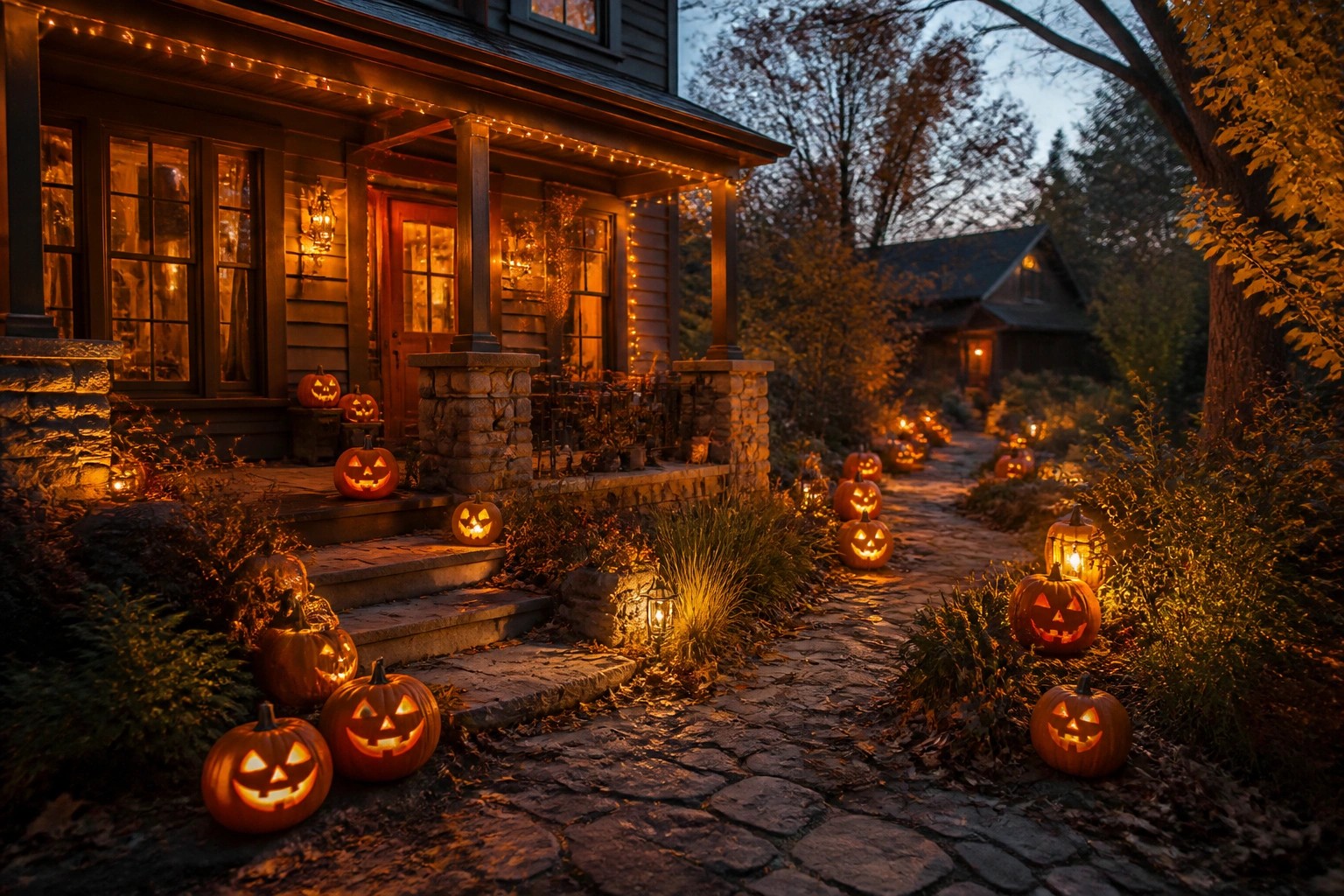 Stone walkway lined with glowing carved jack o lanterns on low rock borders leading to a house entrance at night.