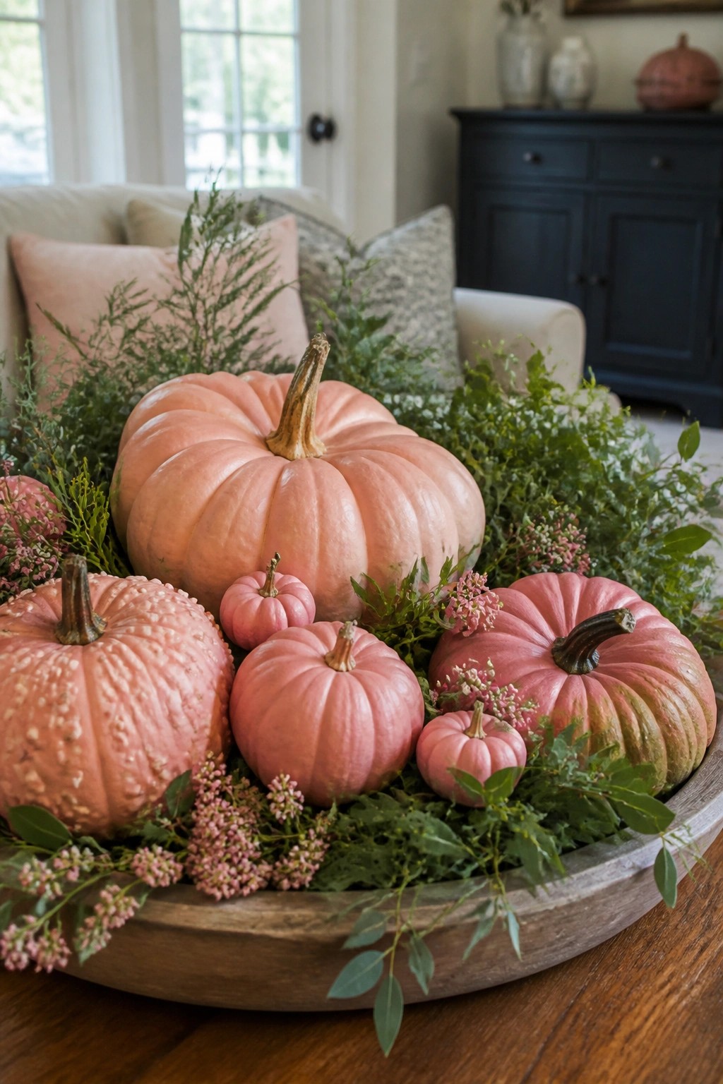 Wooden tray holding several pink pumpkins of different sizes mixed with green foliage and small pink flowers on a table.