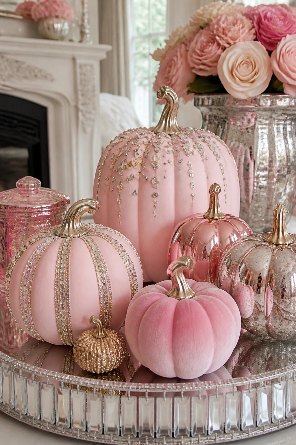 Several pink pumpkins with gold stems and embellishments grouped on a round mirrored tray.