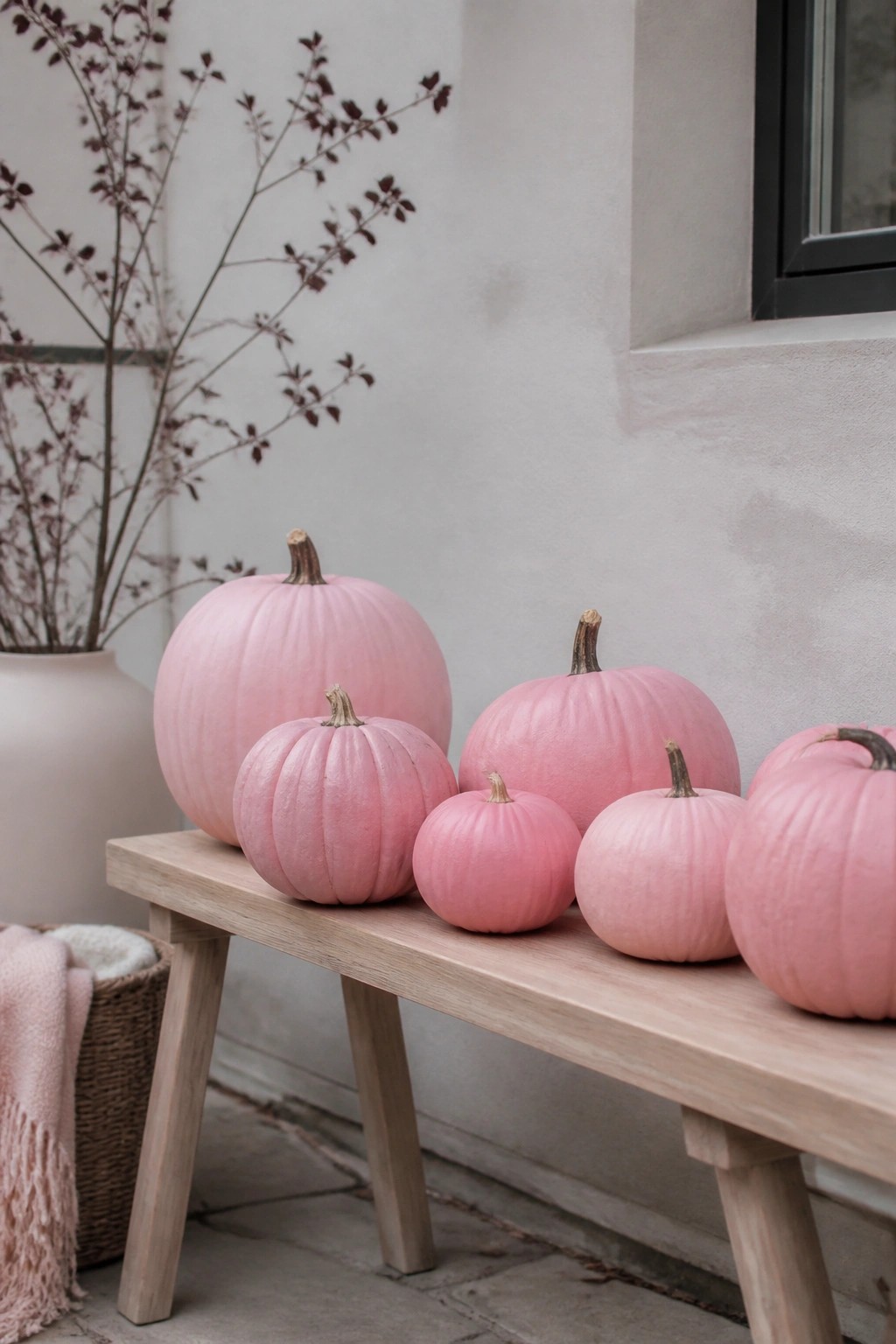 Several pink pumpkins of varying sizes arranged on a light wooden bench outdoors next to a wall.