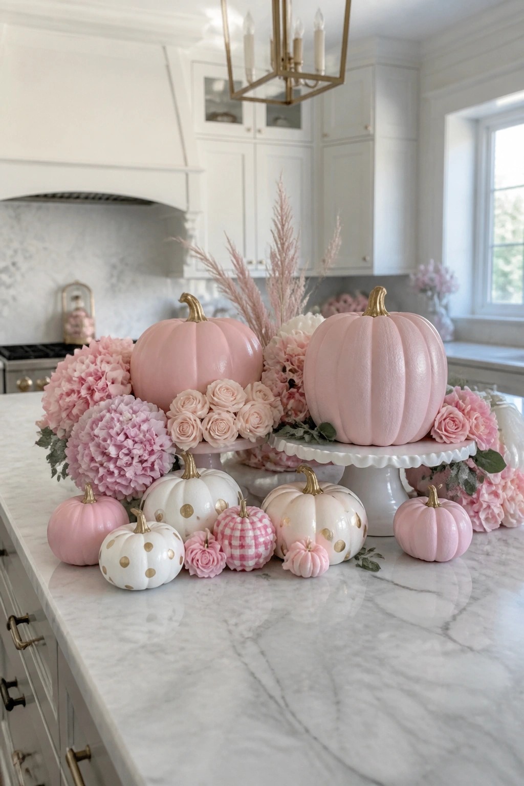 Pink and white pumpkins with gold accents amid pink flowers on marble counter