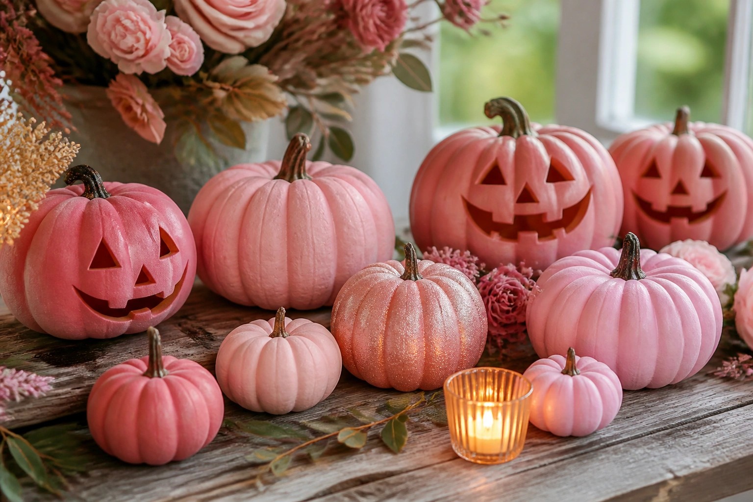 Pink pumpkins decorated with black glitter bats, cats, and stars arranged on a wooden table in a living room with pink flowers nearby.