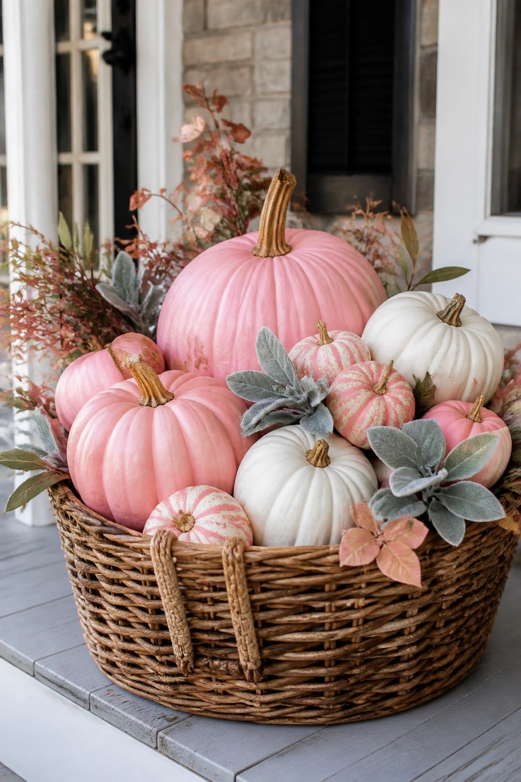 Wicker basket on a gray porch filled with pink and white pumpkins along with autumn leaves and greenery.