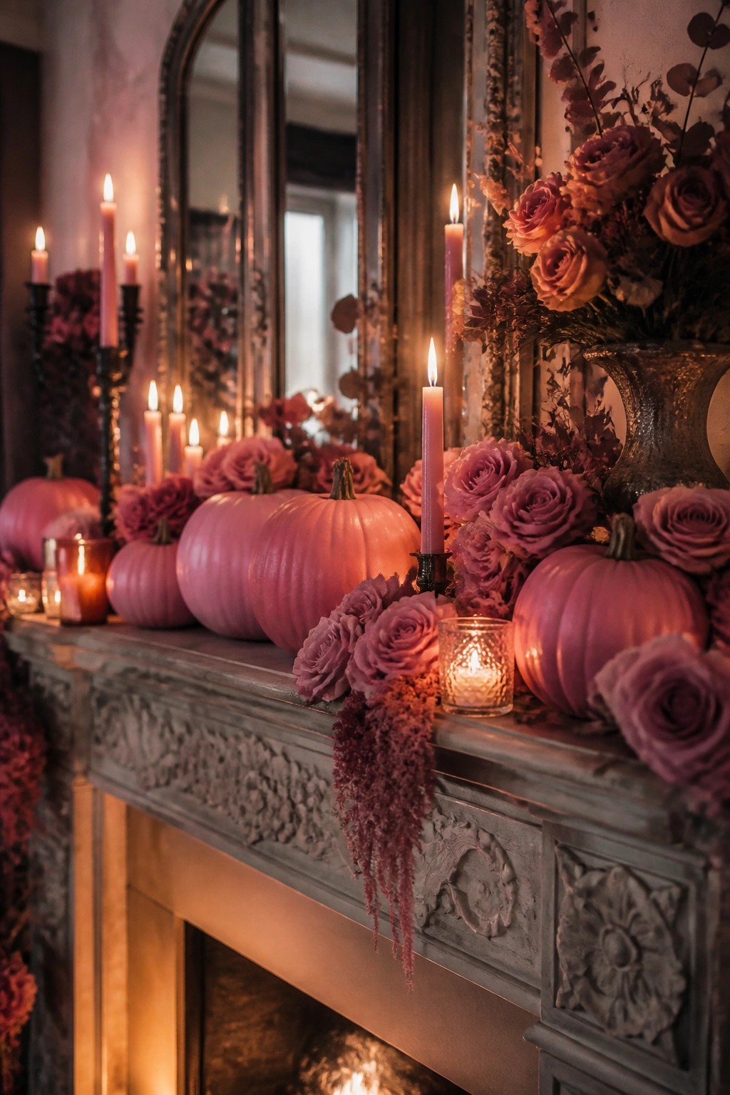 Ornate gray mantel with pink pumpkins, purple roses, and flickering candles