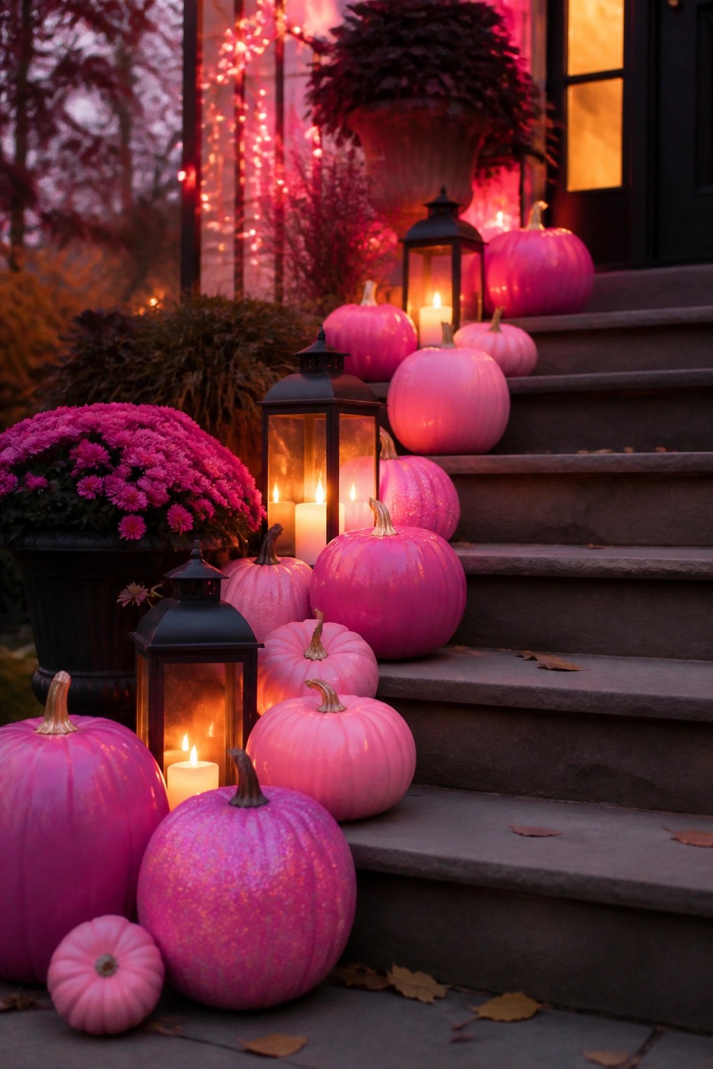 Front steps lined with pink pumpkins of various sizes and black lanterns with lit candles.