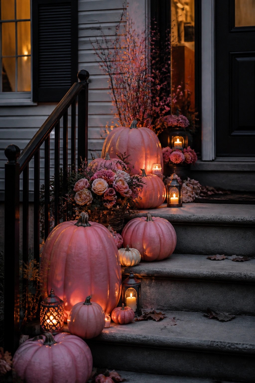 Stone porch steps lined with glowing pink pumpkins of various sizes and black lanterns.