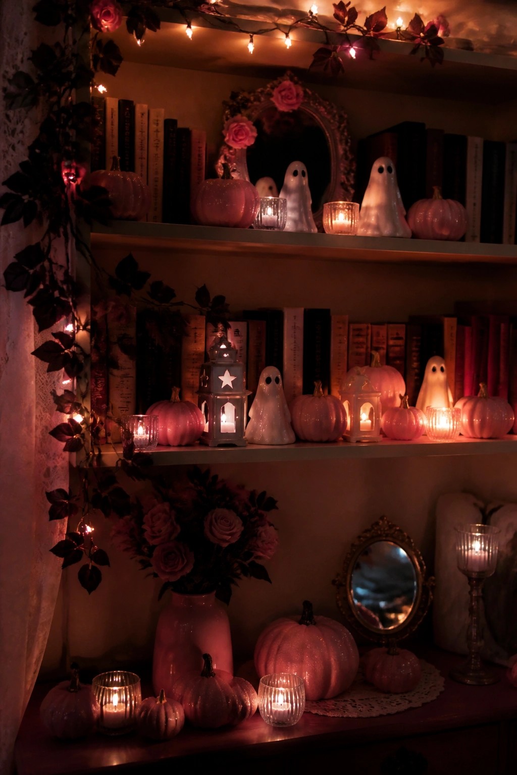 Built-in shelves styled with pink glitter pumpkins, white ghost figurines, candles, and lanterns for a feminine Halloween display.