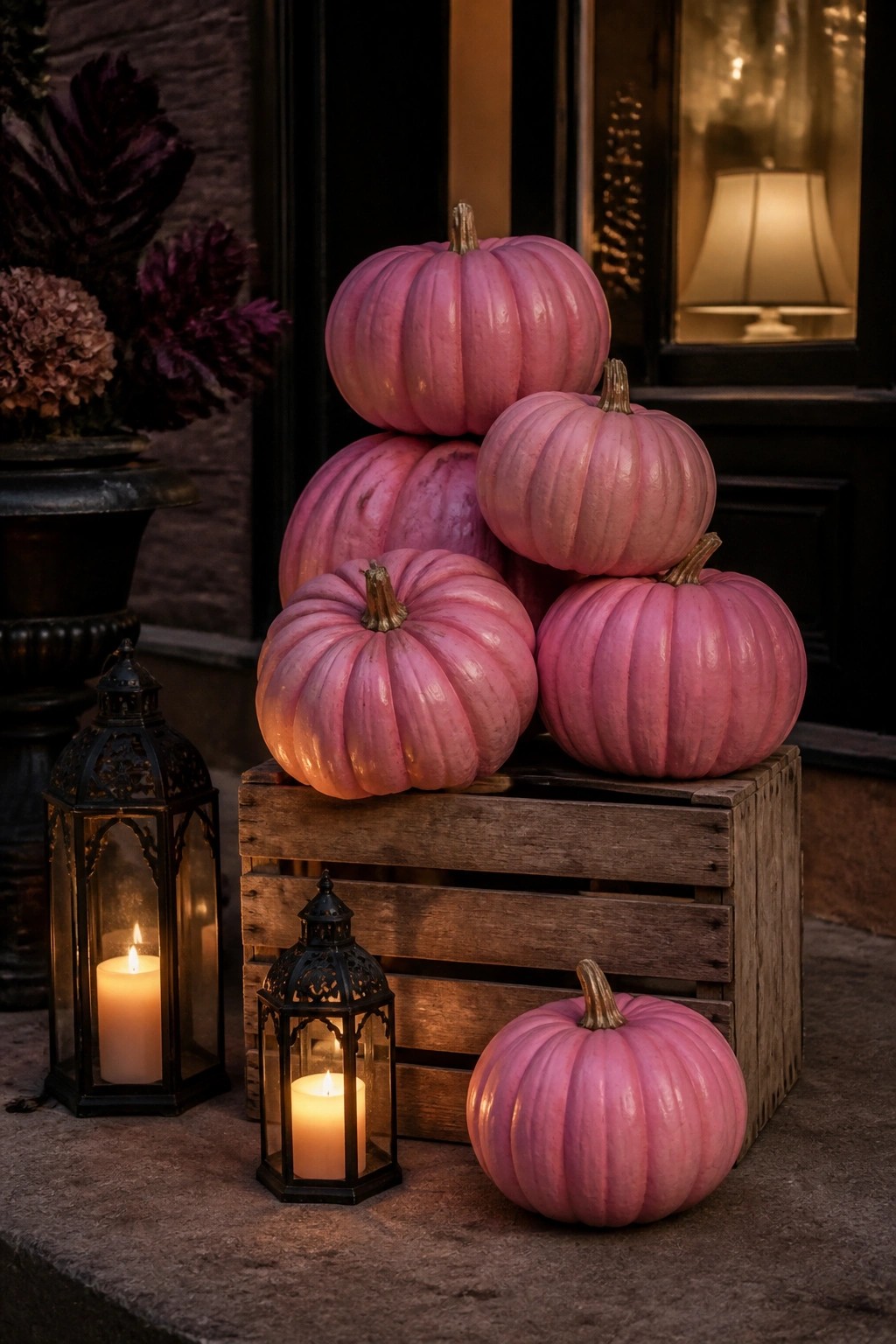 Pink pumpkins stacked on a wooden crate outside a front door with two black lanterns holding lit candles.