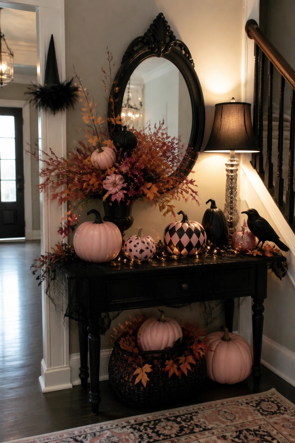Entryway console table styled with pink pumpkins, black pumpkins, a black crow, and autumn foliage in front of an ornate mirror.