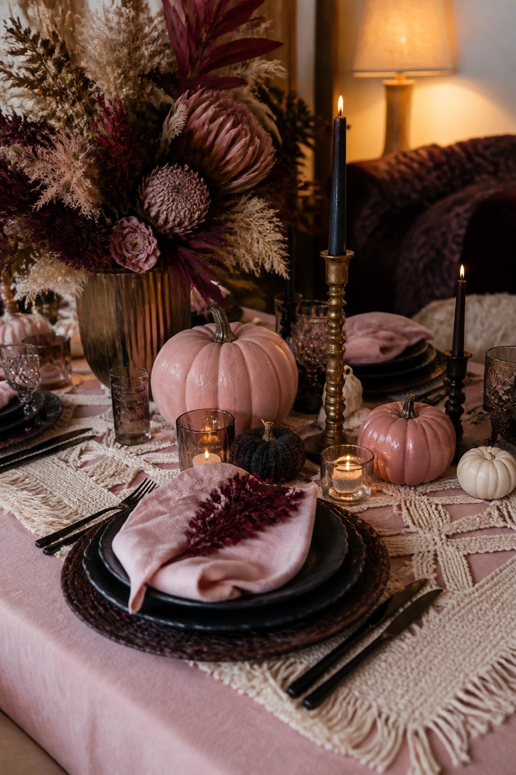 A pink tablecloth holds a dining tablescape with pink pumpkins, black plates, pink napkins, black candles, and small votives.