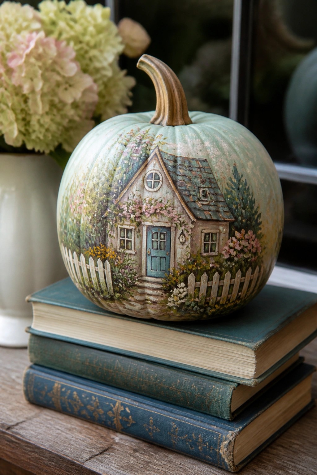 Painted pumpkin with cottage scene atop stack of vintage books beside flowers