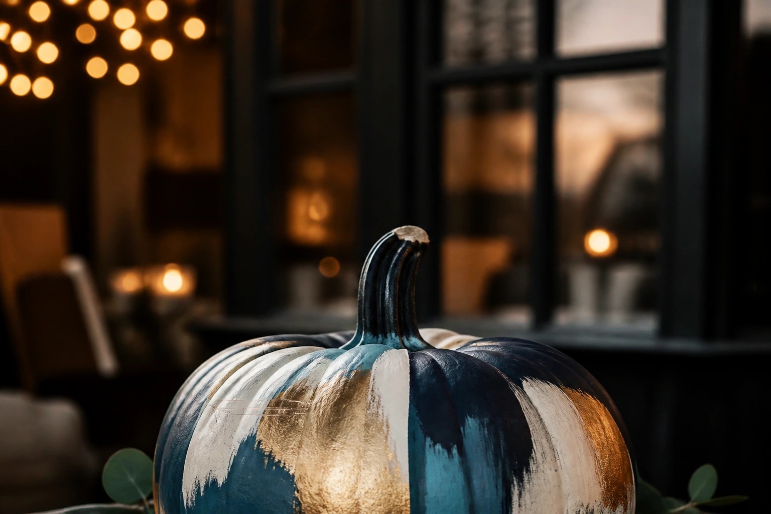A large pumpkin painted with orange, blue, and white swirls sits on a wooden table surrounded by dried flowers and thistles.