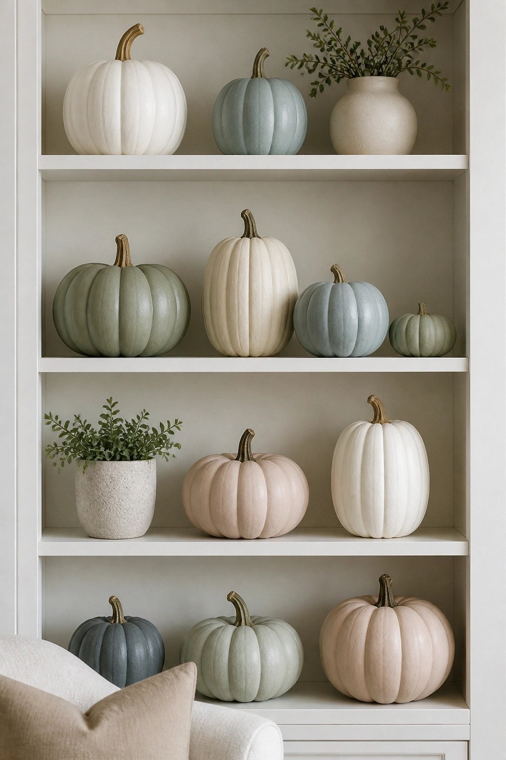 Pastel pumpkins in soft hues arranged on white shelves with potted plants.