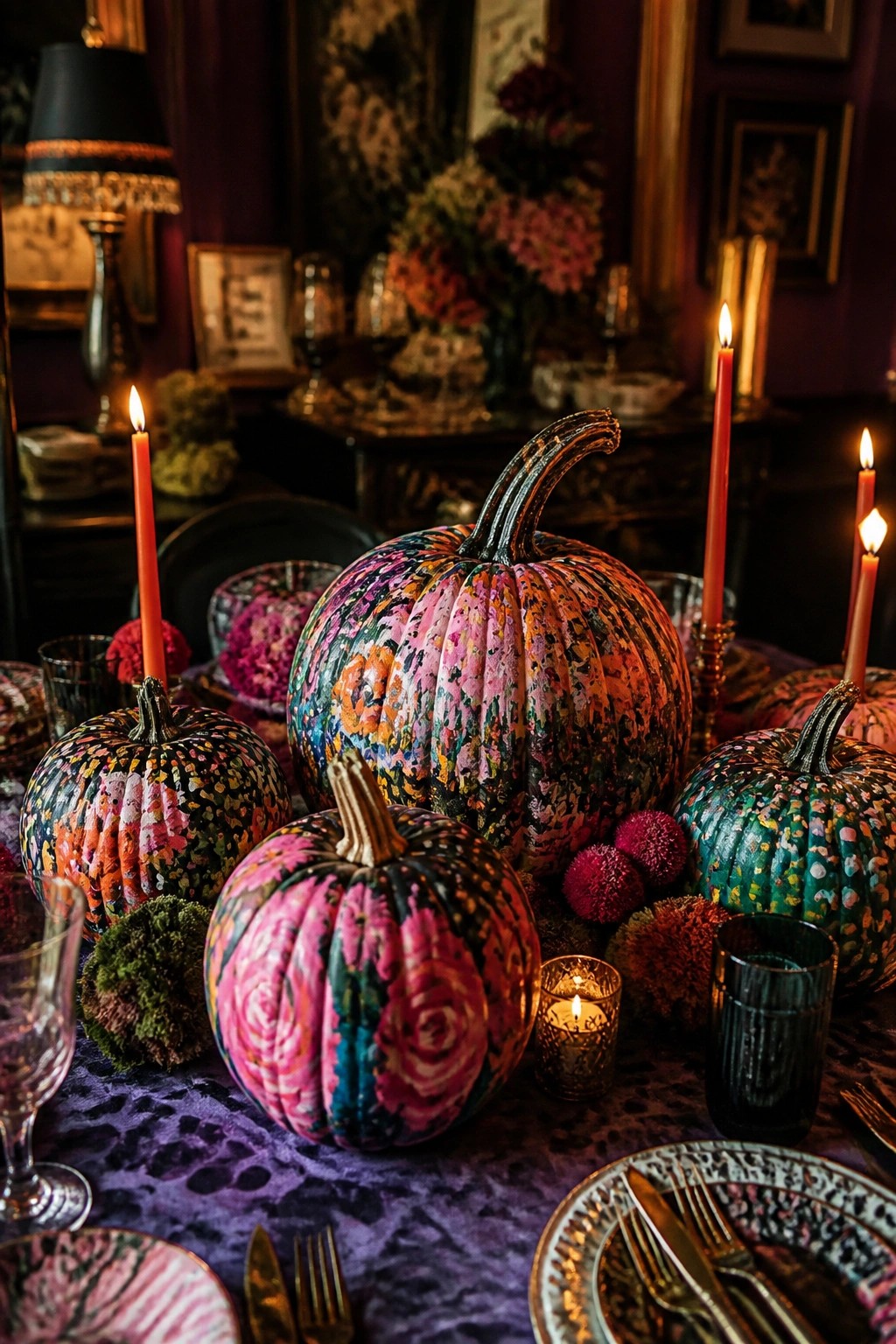 Dining table centerpiece made of multiple pumpkins painted in bright multicolored patterns, with lit candles and place settings around them.