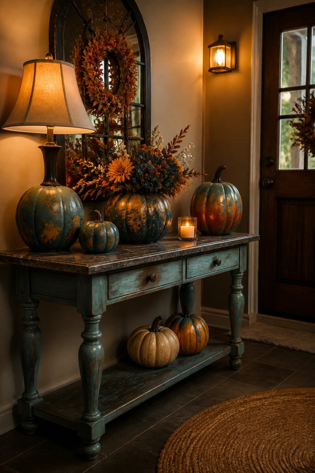 Entryway console table arranged with several distressed teal and orange painted pumpkins of varying sizes.