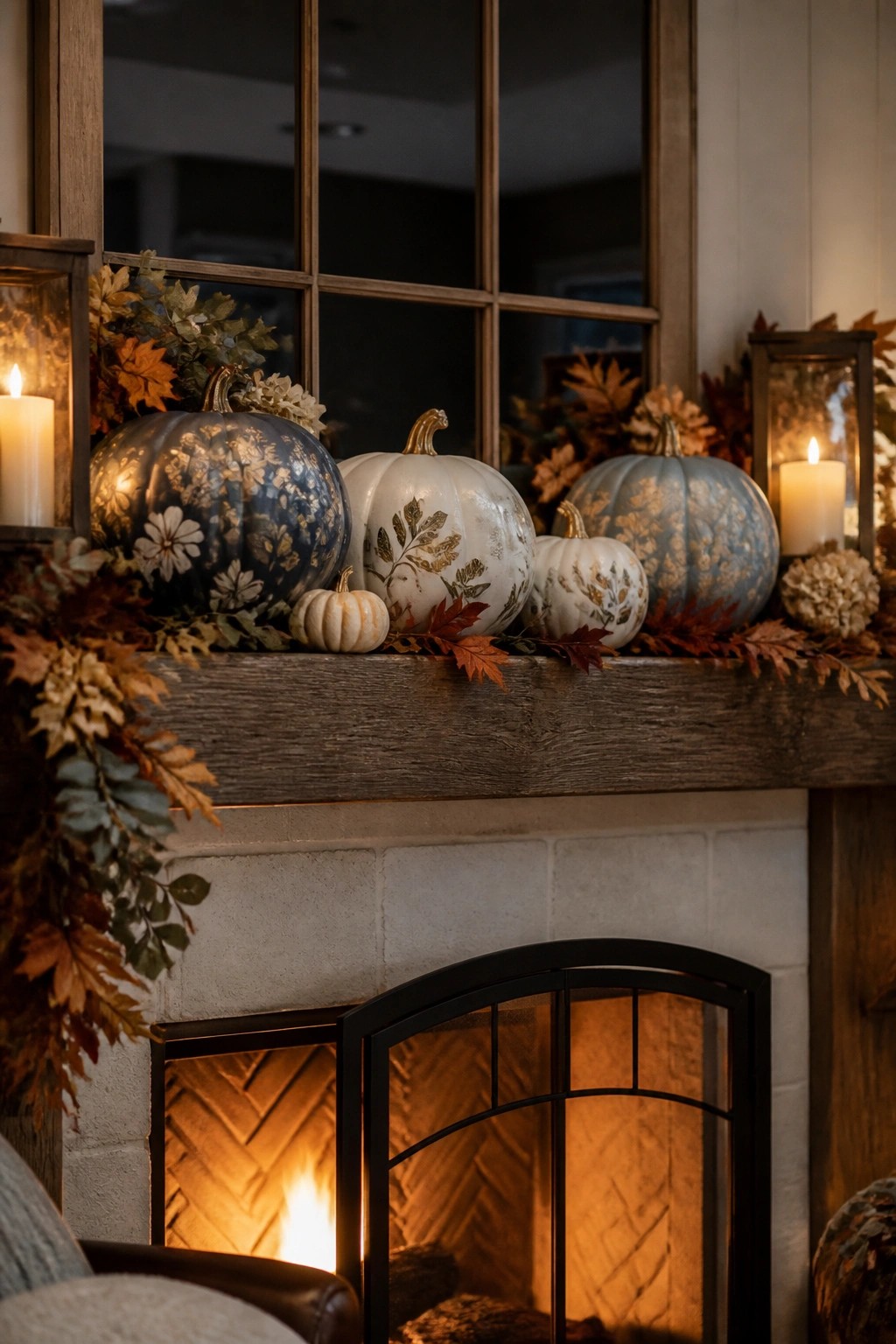 Wooden fireplace mantel arranged with multiple painted pumpkins in blue and white with gold floral designs, flanked by lit lanterns and autumn foliage.