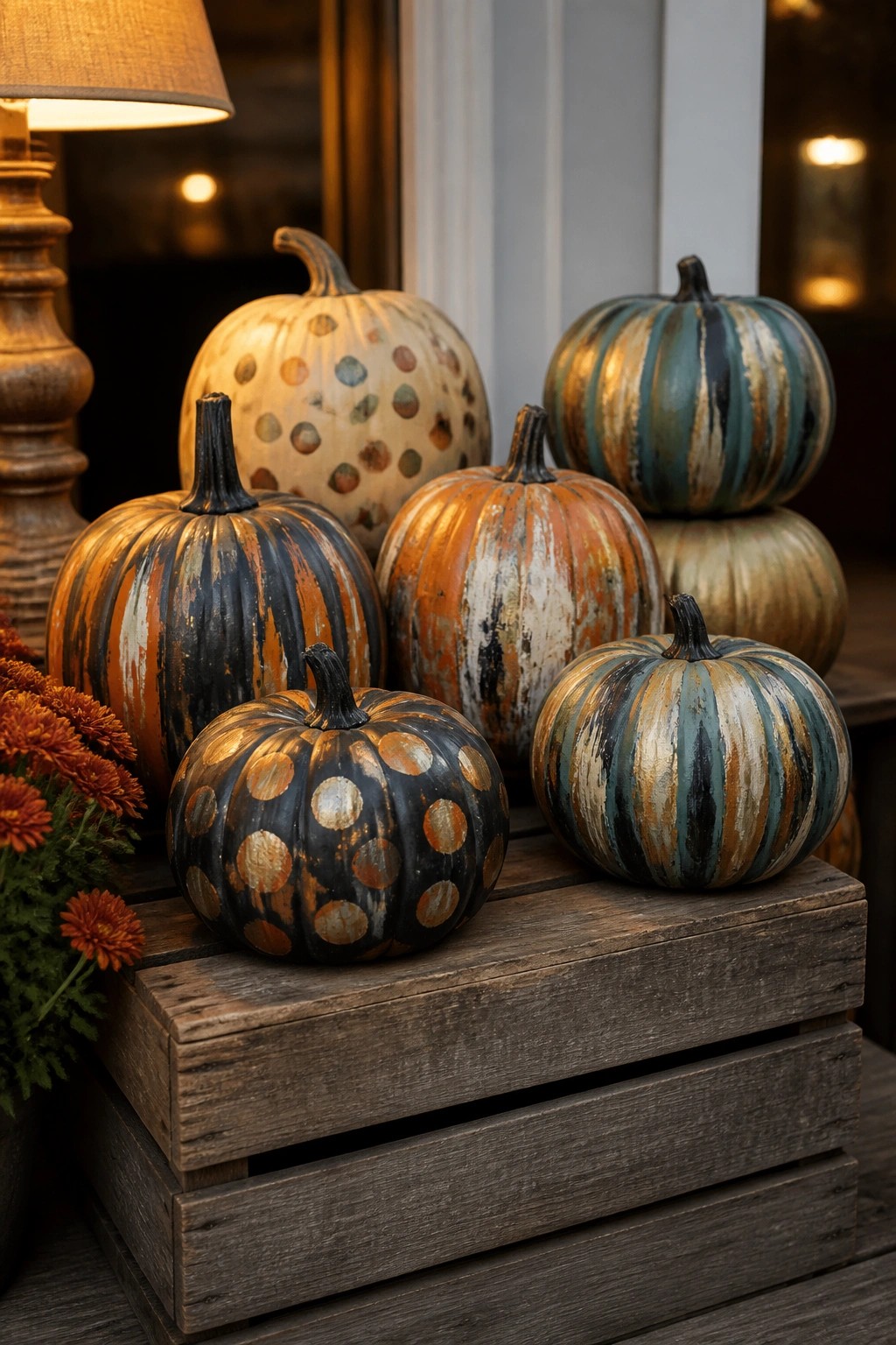 Painted pumpkins with stripes and polka dots arranged on a wooden crate next to orange flowers.