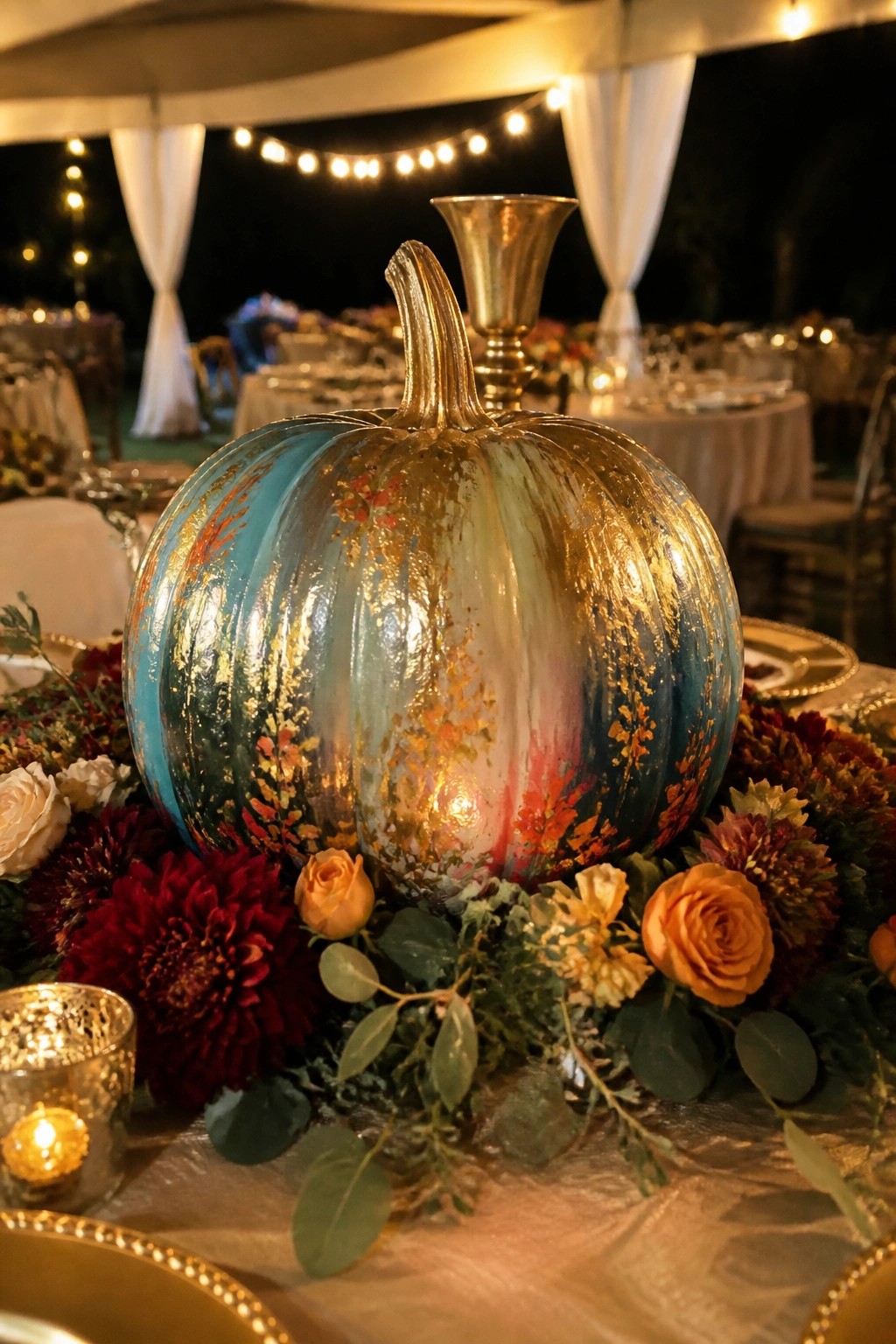A large pumpkin painted in metallic gold, turquoise, and pink sits as the centerpiece on a dining table surrounded by flowers.