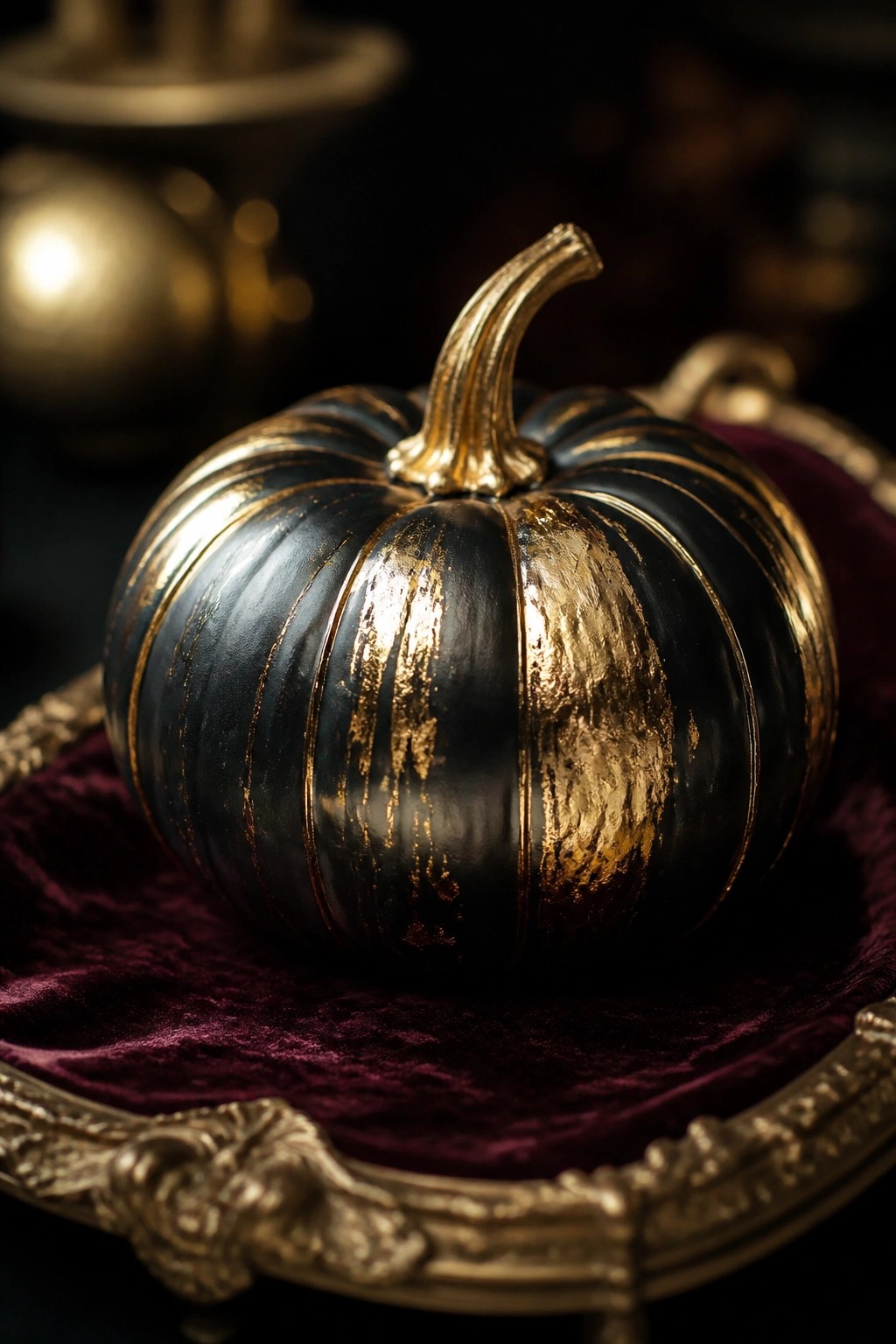 Black pumpkin with gold painted accents and stem resting on burgundy velvet inside an ornate gold tray.