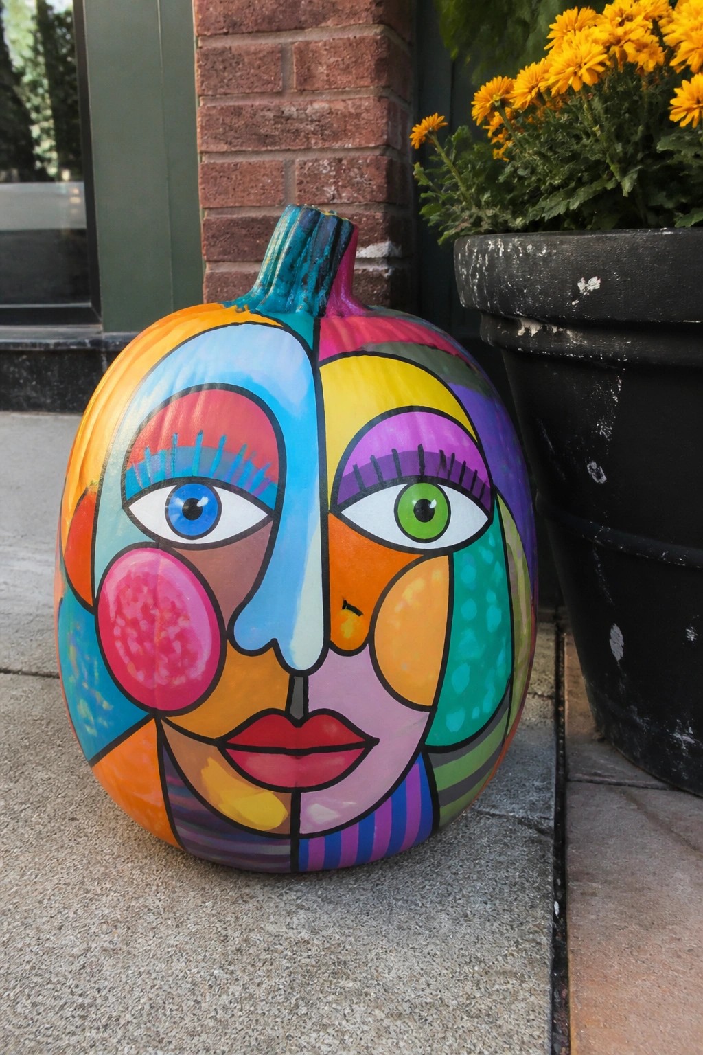 Vibrant abstract face painted on pumpkin beside potted yellow flowers on stone step