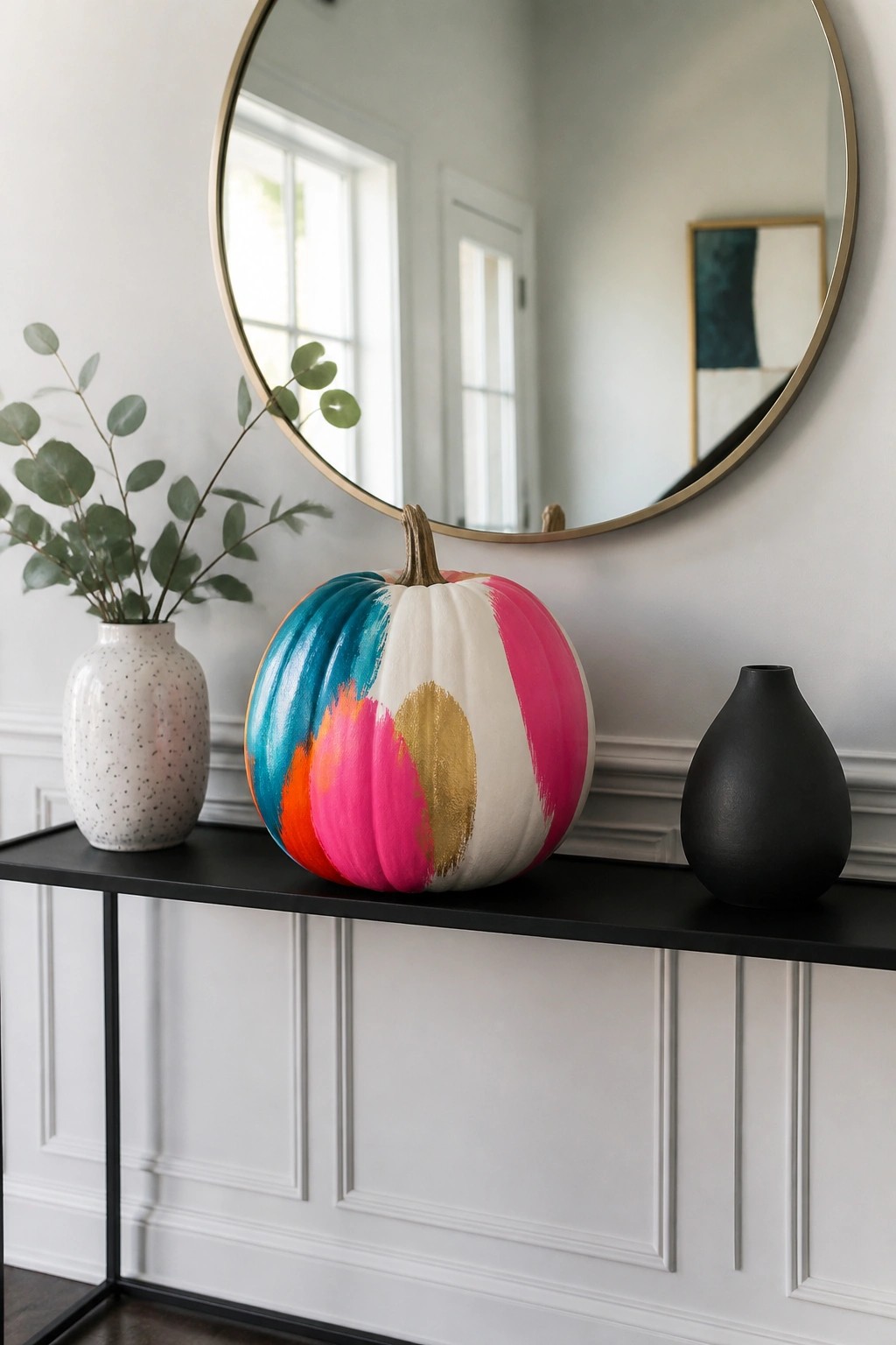 Colorful painted pumpkin with teal, pink, orange and gold accents on black console table