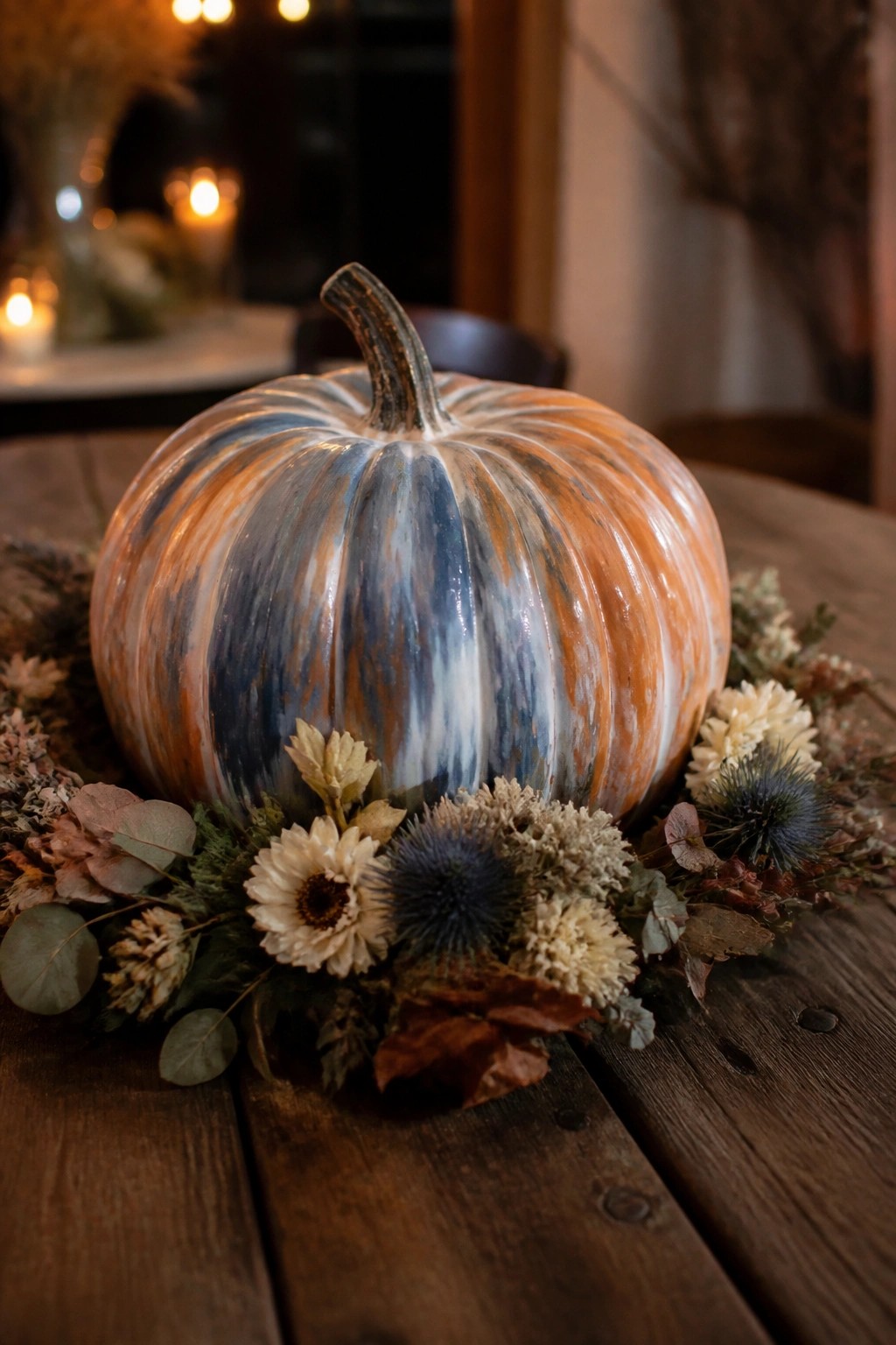 A large pumpkin painted with orange, blue, and white swirls sits on a wooden table surrounded by dried flowers and thistles.