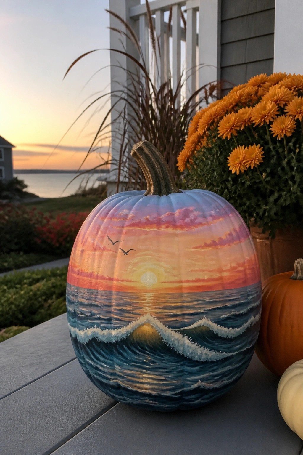 Painted pumpkin with vibrant ocean sunset, waves, sun, and flying birds
