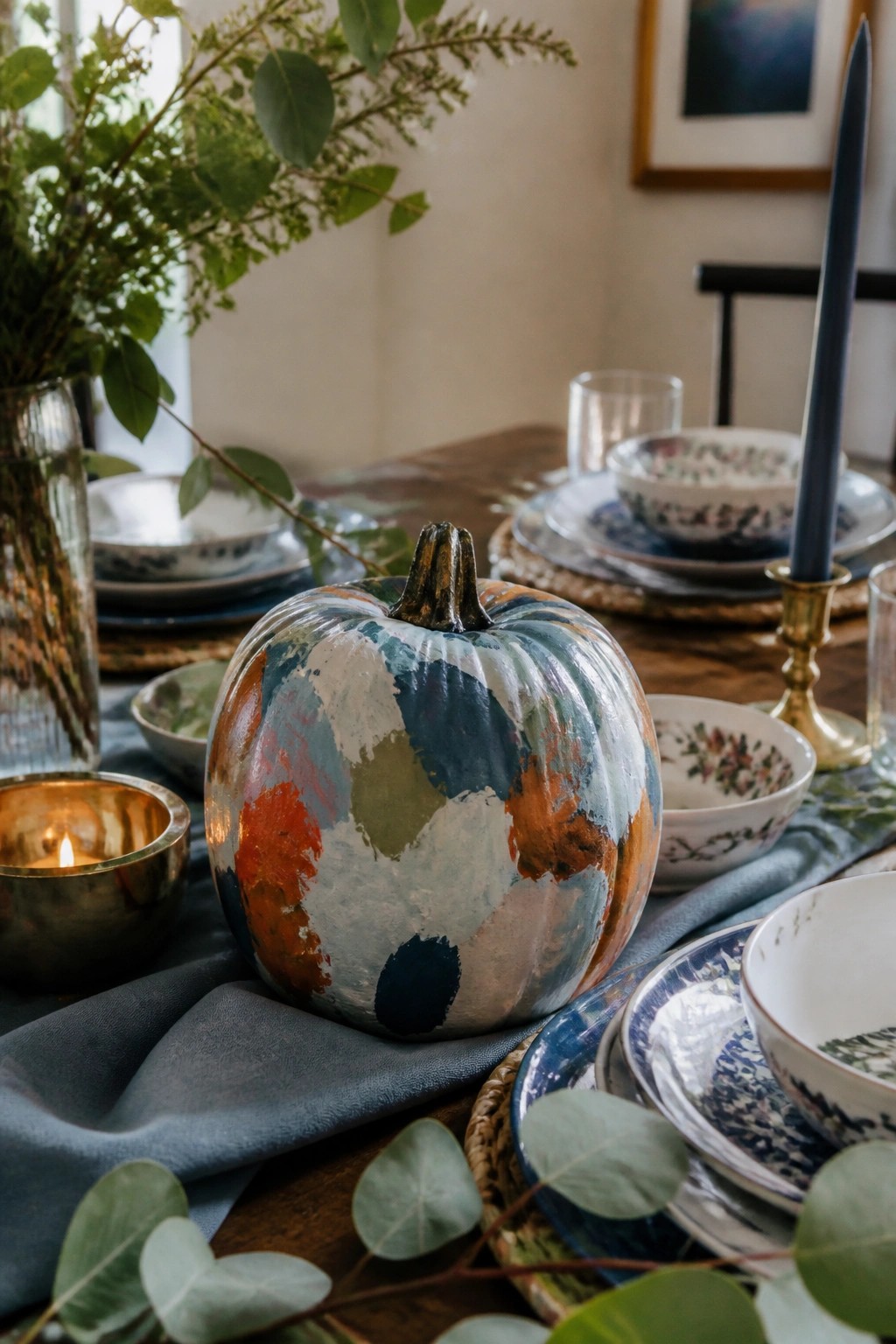 A large pumpkin painted in bold patches of teal, orange, white, and green sits as the centerpiece on a wooden dining table with blue linens and patterned dishes.