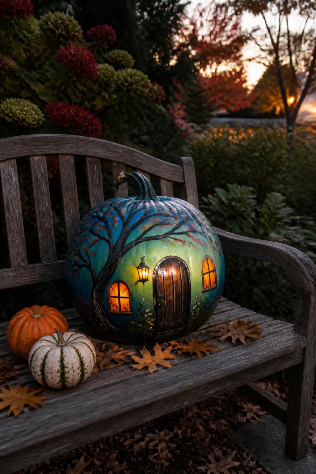 Large pumpkin painted with a house door, windows, and tree design glowing from within on a wooden bench with smaller pumpkins nearby.