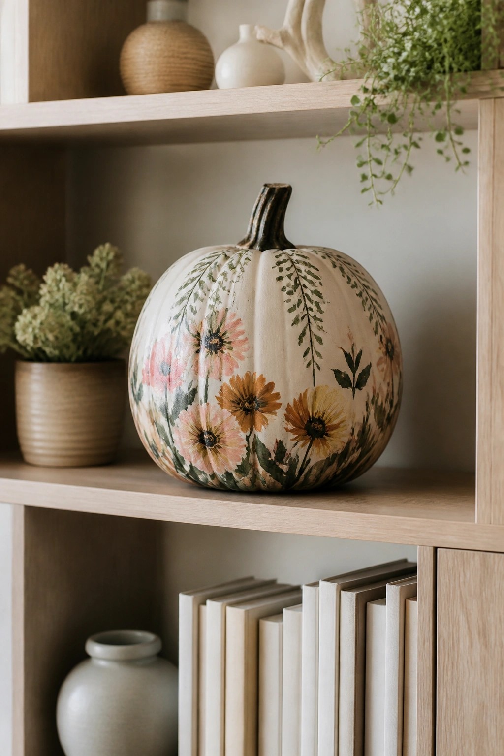 A large cream pumpkin decorated with pink, orange, and yellow flowers sits centered on a light wood shelf above a row of books.