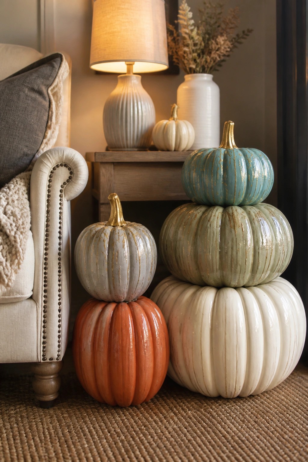 Stacked painted pumpkins in teal, sage, white, and orange sit on a living room floor beside a wooden side table and white armchair.