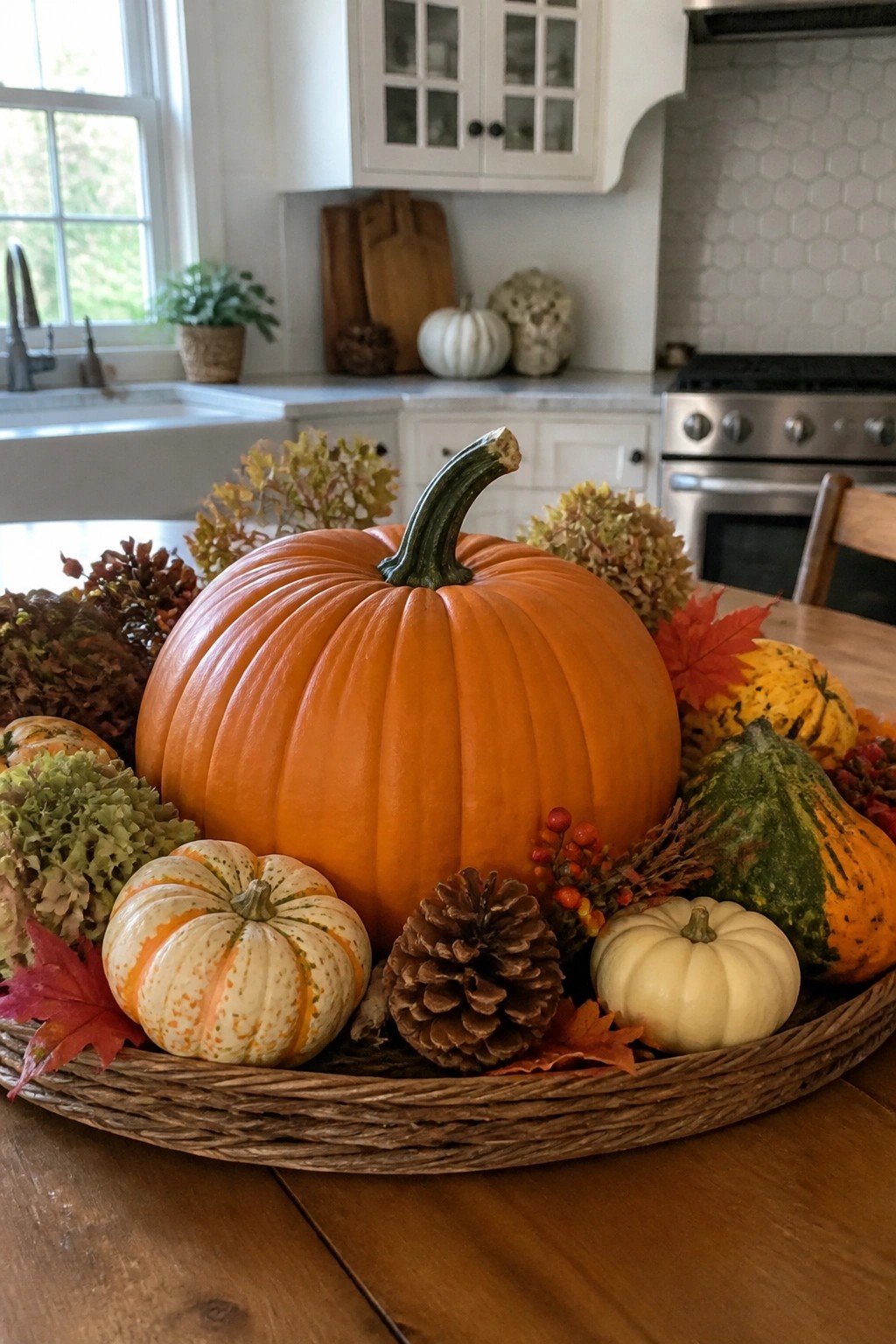 Kitchen island with a woven tray holding a large orange pumpkin, smaller white and striped pumpkins, gourds, a pinecone, and autumn leaves.