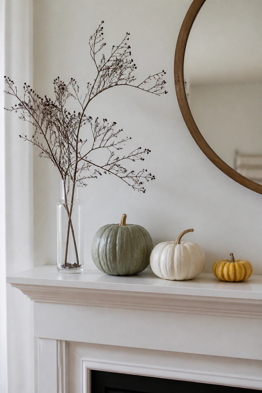 White fireplace mantel styled with three pumpkins in white, sage green, and yellow plus a glass vase holding bare branches.