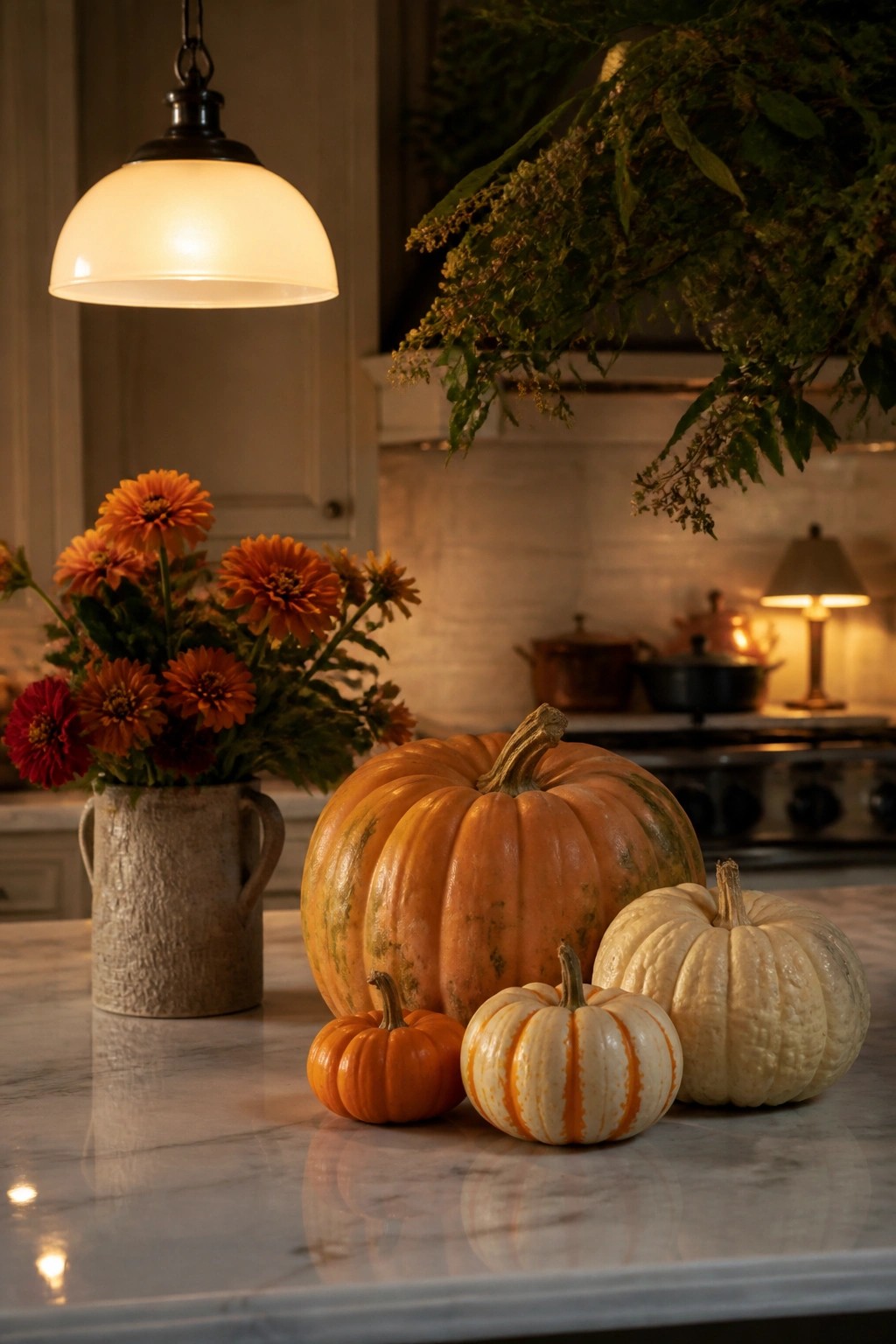 Kitchen counter holding several pumpkins of different sizes and colors next to a vase of orange flowers.