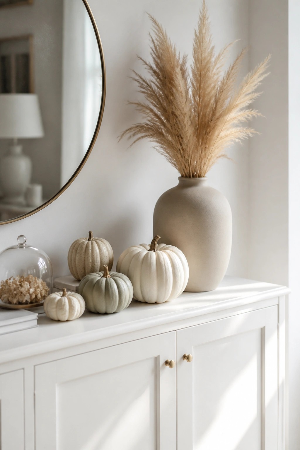 White console table with a group of small white and pale green pumpkins beside a large beige vase holding tall dried grasses.