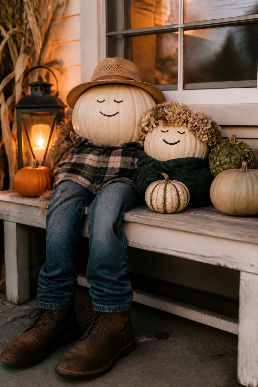 Two white pumpkins carved with smiling faces, dressed in clothing and seated together on a wooden bench on a front porch.