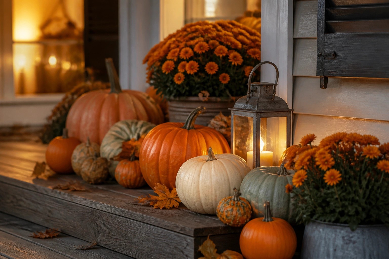 Pumpkins in orange, white, and green on wooden steps with lit lantern and plaid blanket